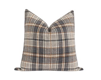 Woven Plaid Pillow Cover, Grey Charcoal Cognac Pillow Cover, DOUBLE SIDED Throw Pillow Cover, Fall Pillow Cover, 18 20 22 Gray Plaid