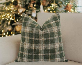 Green Chenille Plaid Pillow Cover • Farmhouse Christmas Decor • Cozy Holiday Plaid Throw Pillow • Classic Christmas Plaid Pillow