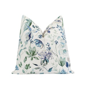 Floral Print Pillow Cover in Blue & Green Tones • 24x24 Pillow Cover with Hidden Zipper • Nature Inspired Accent Throw Pillow • Linen Blend