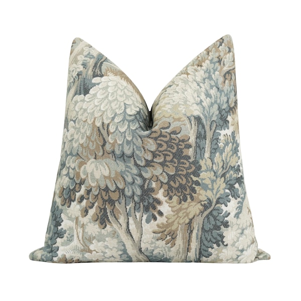 Mineral Blue Tan Ivory Pillow Cover • Woodland Tree Motif • French Country and Grandmillennial Style Pillow • 18x18 20x20 22x22