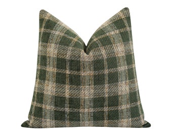 Soft Green Chenille Plaid Pillow Cover, Rustic Woven Throw Pillow Case, Cozy Green & Tannish Beige Plaid for Farmhouse or Lodge Style Spaces