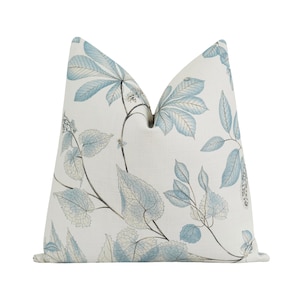 Blue Botanical Pillow Cover • 22x22 Designer Throw Pillow in Taupe, Ivory & Blue • Elegant Home Decor Accent with Leaf Foliage Design