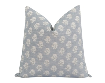 Floral Jacquard Pillow Cover in Linen and Slate Blue, Elegant Small Scale Floral Design, Handmade Jacquard Pillow Cover for Classic Decor