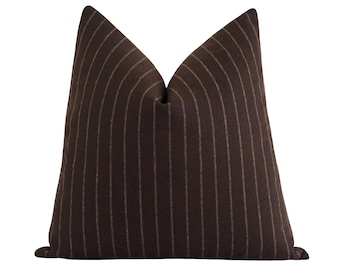 Wool Blend Stripe Pillow Cover in Dark Brown and Cream • Neutral Accent Throw Pillow • Farmhouse, Transitional and Rustic Home Decor
