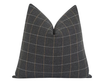 Brown, Charcoal and White Plaid Pillow Cover • Double Sided Wool Pillow • Modern Masculine Throw Accent for Study or Office Decor