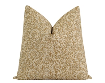 Muted Golden Wheat Pillow Cover • Floral Block Print • Linen Cotton Blend • Fall Decor • Neutral Throw Pillow