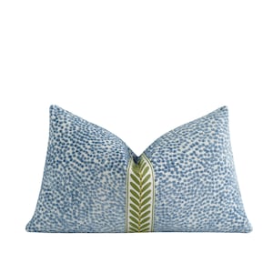 Blue Dotted Chenille Lumbar Pillow Cover • Green Embroidered Leaf Trim • Textured Accent for Elegant, Traditional and Grandmillennial Decor