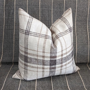 Farmhouse Tartan Chenille Pillow Cover, Hidden Zippered Plaid Gray Pillow Cover, Tan Gray Farmhouse Pillow Cover, 18 20 22 Tartan Pillow