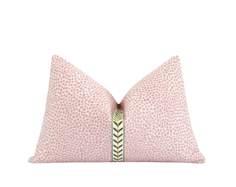 Pink Chenille Pillow Cover with Delicate Green Leaf Trim • Textured Lumbar Pillow • Coquette Room Decor