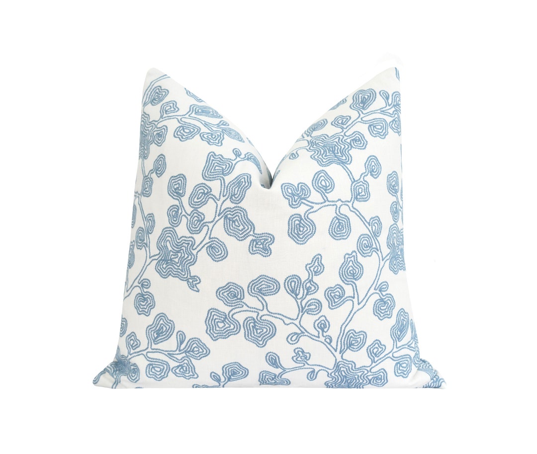Blue Embroidered Pillow Cover, DOUBLE Sided Floral Pillow Cover, 18 20