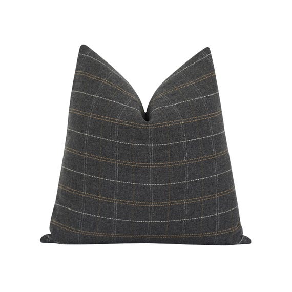 Charcoal Wool Plaid Pillow Cover • Charcoal, Brown and White Windowpane • Lodge Inspired Accent Pillow • Cozy Room Decor