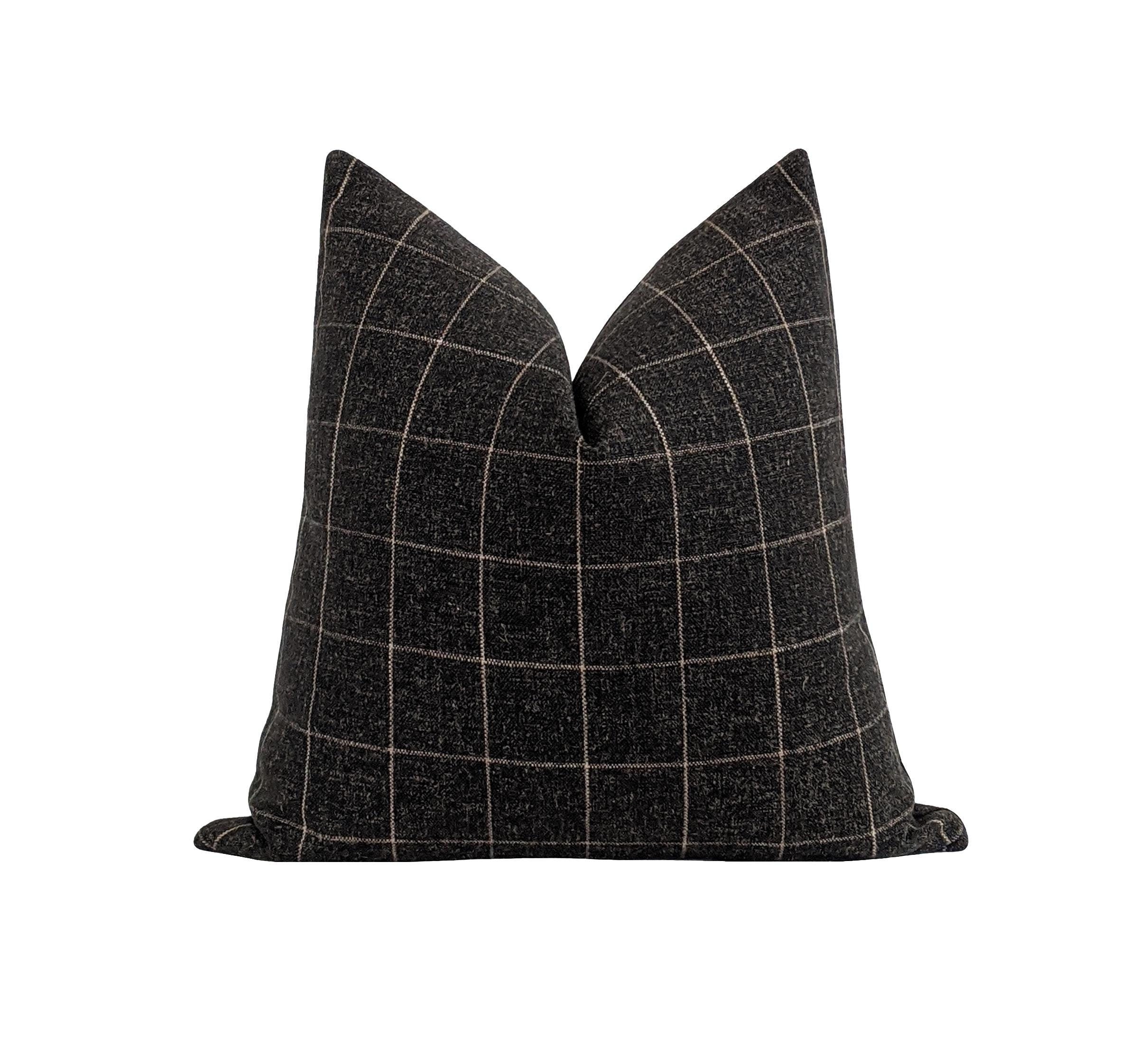 Cozy Charcoal Gray Woven Plaid Pillow Cover, 18 20 22 24 Dark Gray Tan Windowpane Design, Double Sided Throw Pillow Case with Hidden Zipper
