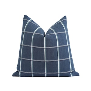 Blue Plaid Pillow Cover, Blue White Pillow Cover, DOUBLE SIDED Designer Pillow Cover, Large Plaid Pillow Cover in Blue Grayish Blue & White