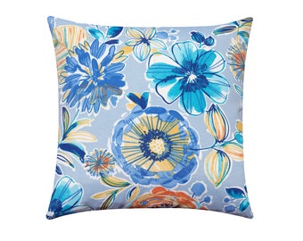 Blue Outdoor Pillow Cover, 16 18 20 22 24 Floral Outdoor Pillow Cover, Blue Orange Pillow Cover, Patio Pillow Covers, Blue Yellow Outdoor