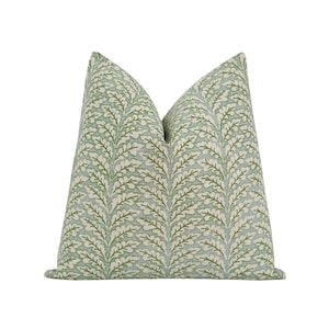 Muted Blue, Green and Natural Pillow Cover • Grandmillennial Leaf and Floral Print Throw Pillow • 24x24 Coastal Cottage Bedroom Pillow Case image 3