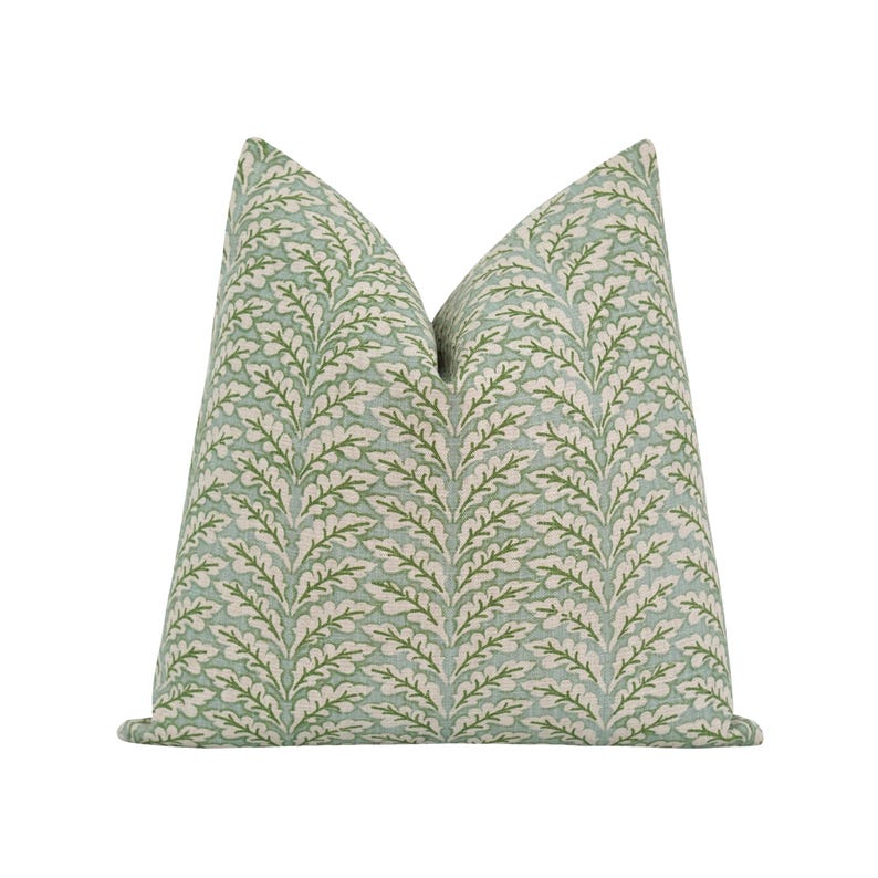 Muted Blue, Green and Natural Pillow Cover • Grandmillennial Leaf and Floral Print Throw Pillow • 24x24 Coastal Cottage Bedroom Pillow Case image 3