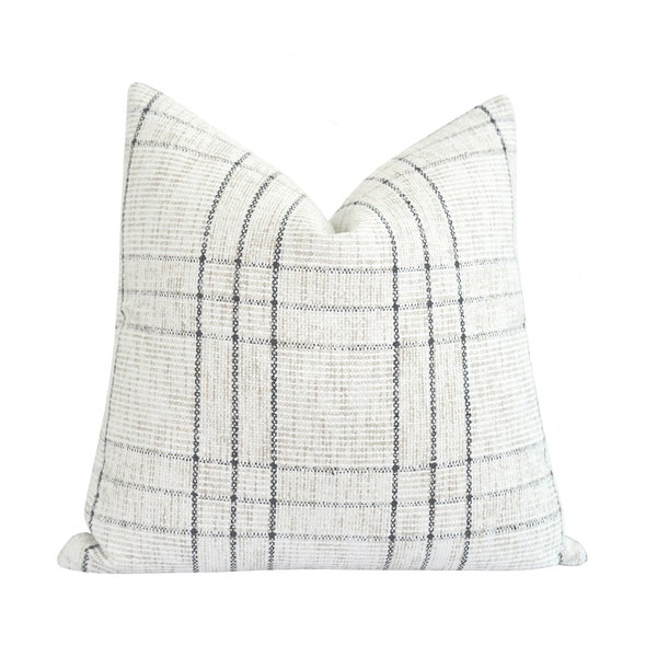 Chalk Chenille Pillow Cover, Tartan Pillow Cover, Farmhouse Chenille Plaid Pillow Cover, 18 20 22 Off White Taupe Charcoal Woven Pillow Case