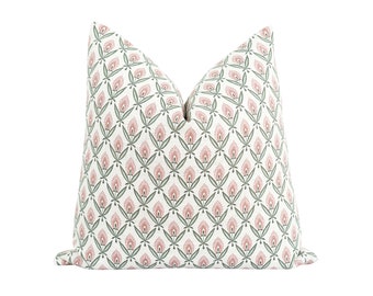 Rose Pink and Green Pillow Cover, Block Print Pillow Case, Small Scale Floral Print Pillow, 20x20 Linen Pillow in Dusty Rose, Green & White