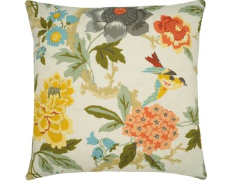 OUTDOOR Pillow Covers, Floral Throw Pillow, Floral and Bird Print Cushions Cover, Coral Peach Red Yellow Blooms, Floral Decor, Patio Pillows