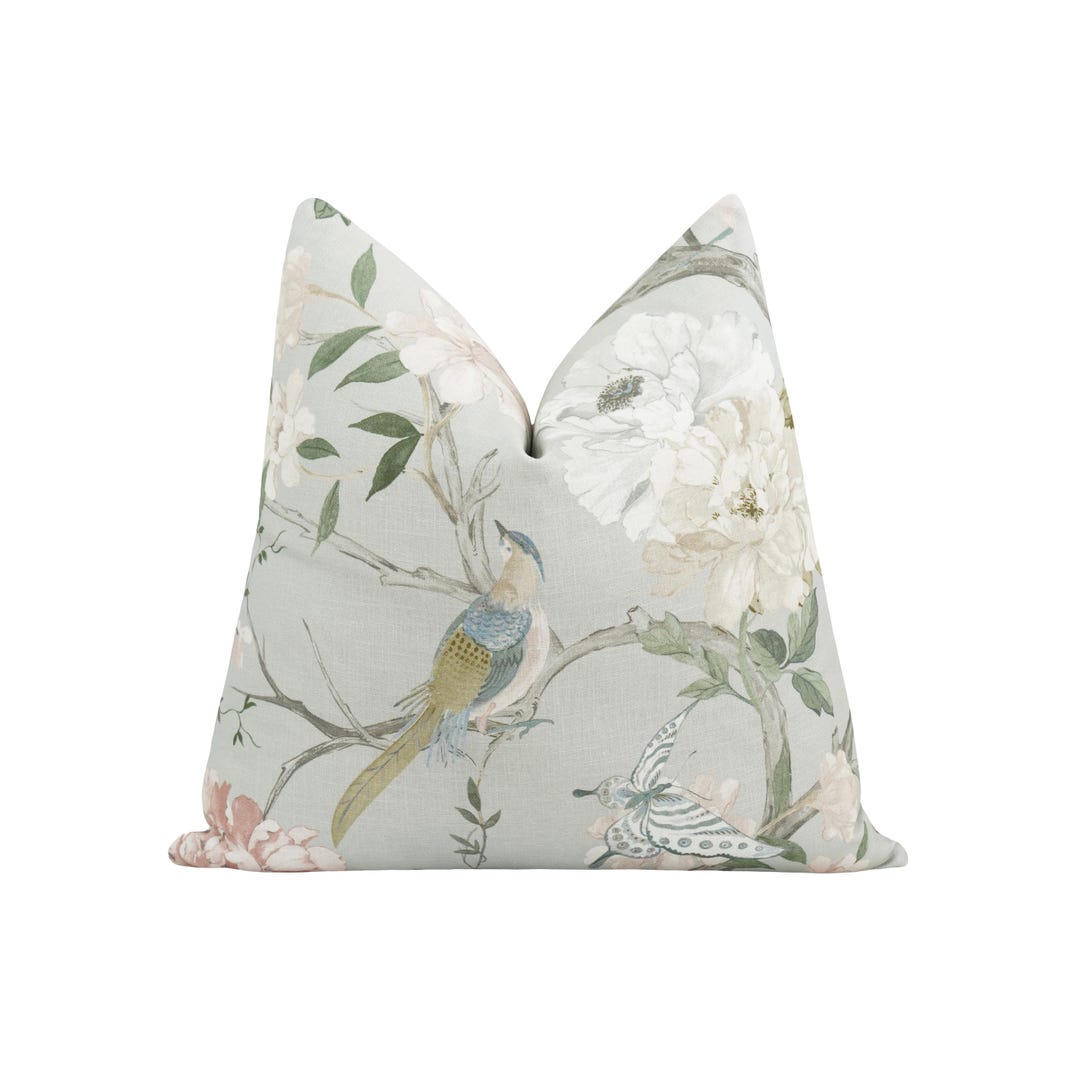 Sea Salt Chinoiserie Pillow Cover • Bird and Vine Decorative Throw Pillow • Sophisticated Accent for Traditional, Cottage or Refined Spaces