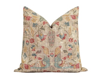DOUBLE SIDED Floral Bird Turkish Folk Inspired Print Pillow, 18 20 22 24 Designer Pillow Covers, Saffron Brown Red Tan Floral Motif Pillow