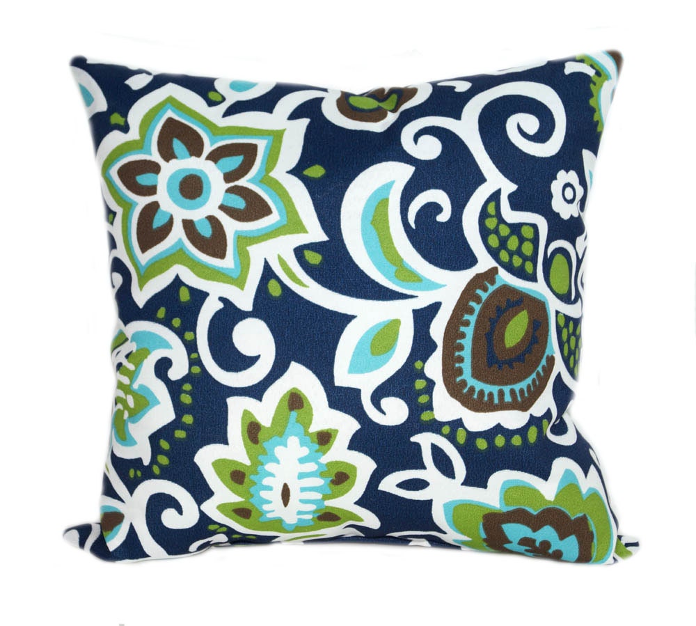 Floral Outdoor Pillow Cover Navy Green Aqua Pillow Cover Etsy