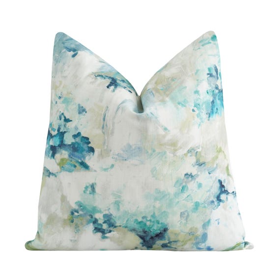 Abstract Blue Floral Pillow Cover | Blue, Turquoise & Spa Green Watercolor Design | Artistic Throw Pillow for Living Room or Bedroom