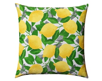 Green Yellow Gray Outdoor Pillow Cover, Lemons Print Pillow Cover, 18 20 22 Citrus Outdoor Pillow Cover, Yellow and Green Patio Pillow Case