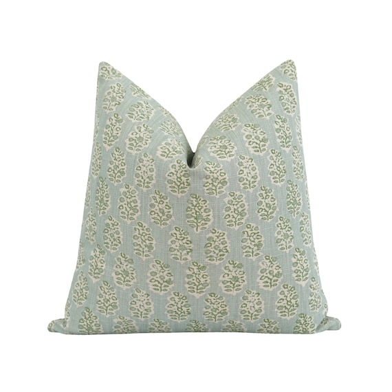 Muted Blue, Green and Natural Pillow Cover • Grandmillennial Leaf and Floral Print Throw Pillow • 24x24 Coastal Cottage Bedroom Pillow Case