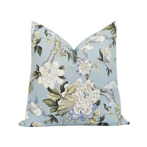 Blue Green Taupe Floral and Bird Pillow Cover, Gianna Pillow Cover, 18 20 Cream Taupe White Blue Pillow Case, Floral Bouquet Throw Pillow