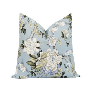 Blue Green Taupe Floral and Bird Pillow Cover, Gianna Pillow Cover, 20 22 24 Cream Taupe White Blue Pillow Case, Floral Bouquet Throw Pillow