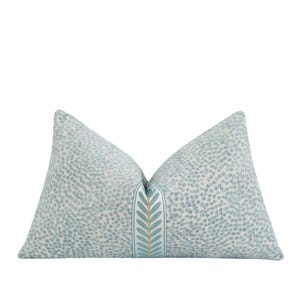 Blue Embroidered Leaf Trim Pillow Cover • Mist Blue Chenille Lumbar • 12x20 Textured Decorative Pillow Cover for Classic and Chic Decor