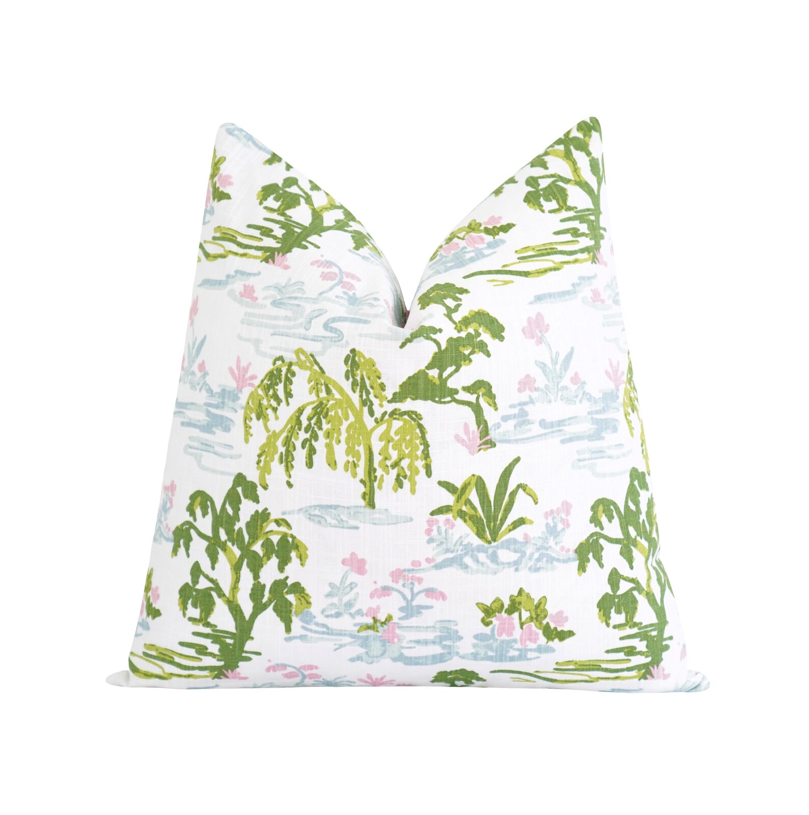 Toile Pillow Cover • Green, Blue and Pink Botanical Garden Design • Grandmillennial Inspired Decor - 18x18 hidden zipper, Scenic Toile