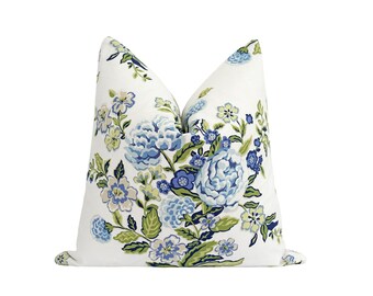 DOUBLE SIDED Designer Pillow Cover, Cobalt Blue Floral Pillow Cover, Blue Green Floral Bouquet Pillow Cover, Grandmillennial Accent Pillow