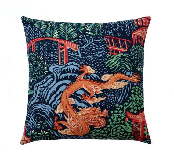Orange Dragon Pillow Cover Navy Blue Asian Pillow Blue Green Etsy