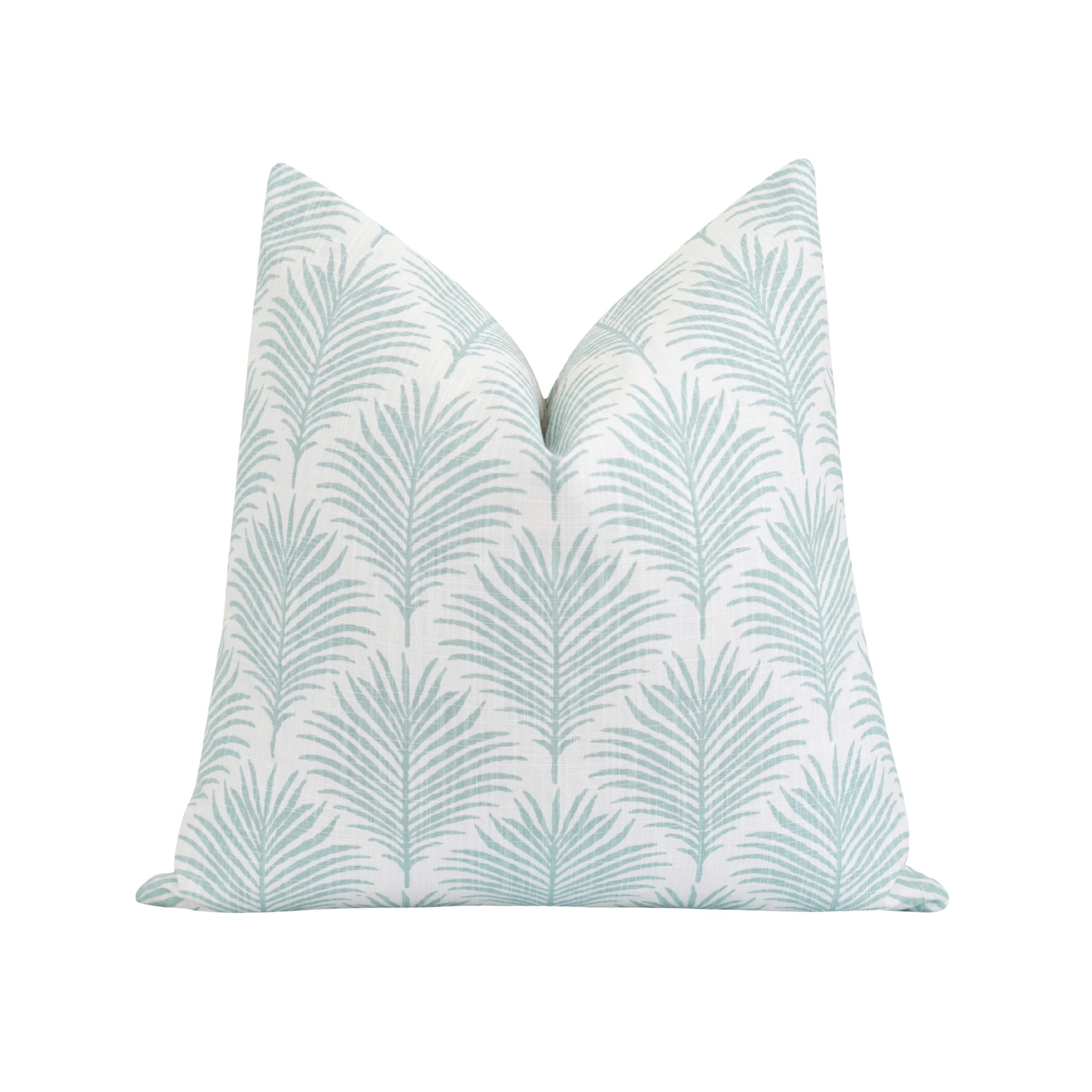 Fan Palm Leaf Pillow Cover • Soft Aqua Blue Decorative Pillow • Airy Tropical Frond Throw Pillow Case • Decor Accent for Coastal Spaces
