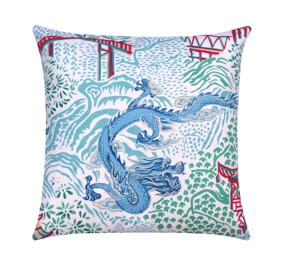 Vern Yip Dragon Aqua Blue Decorative Pillow Cover Pagodas Etsy