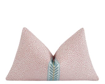 Pink Pillow Cover with Blue Accent • Dotted Chenille Lumbar • Embroidered Leaf Motif Throw Pillow for Teen Room or Nursery Decor