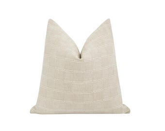 Beigey Natural Plaid Pillow Cover, 18 20 22 Neutral Pillow Cover, Raised Plaid Pillow Cover with Hidden zipper, Linen Plaid Pillow Cover