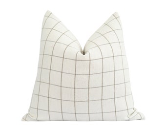 100% Linen Pillow Cover, Plaid Pillow Cover, Natural and Cream Plaid Linen Pillow Cover, Neutral Decorative Pillow, Neutral Pillow Cover