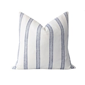 Navy Stripe Pillow Cover, French Stripe Pillow Cover, 18 20 22 24 Linen Throw Pillow, Stripe Pillow, Blue Stripe Sham, Ticking Stripe Pillow