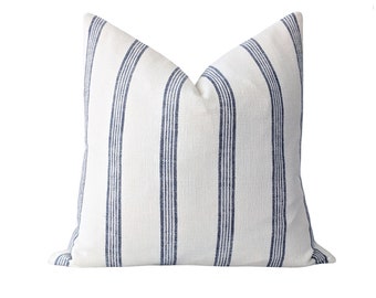 Navy Stripe Pillow Cover, French Stripe Pillow Cover, 18 20 22 24 Linen Throw Pillow, Stripe Pillow, Blue Stripe Sham, Ticking Stripe Pillow