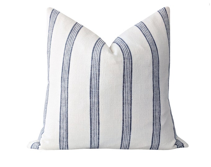 Navy Stripe Pillow Cover, French Stripe Pillow Cover, 18 20 22 24 Linen
