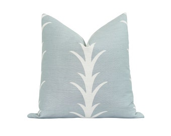 Schumacher Blue Pillow Cover, Sky Blue Acanthus Stripe Pillow Cover, 18 20 22 Blue Linen Toss Pillow, Plant Print Pillow, Blue White Décor