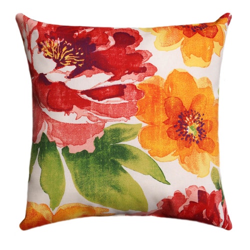 Orange Floral Outdoor Pillow Cover Red Floral Zippered Pillow Etsy
