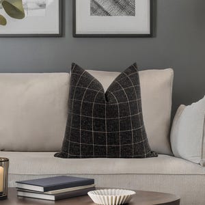 May include: A black and white plaid throw pillow with a subtle brown stripe on a light beige couch.