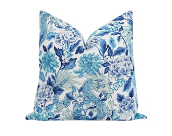 Dragon Decorative Pillow Cover, Chinoserie Pillow, 18 20 22 24 Asian Print Pillow Cover, Floral Pillow Case, Blue Linen Accent Pillow Cover