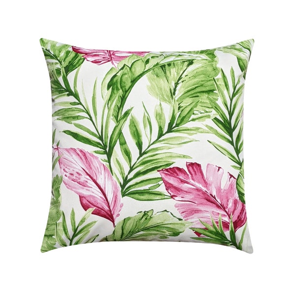Green Outdoor Pillow Cover, Palm Leaf Pillow Case, Green and Pink Outdoor Pillow Cover, Tropical Décor, 18x18 20x20 22x22 Palm Fronds Pillow