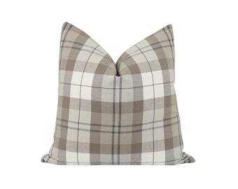 Woven Plaid Pillow Cover, Dark Taupe Cream Pewter Grey Pillow Cover, Double Sided Plaid Cushion Cover, 18 20 22 Designer Plaid Pillow Cover
