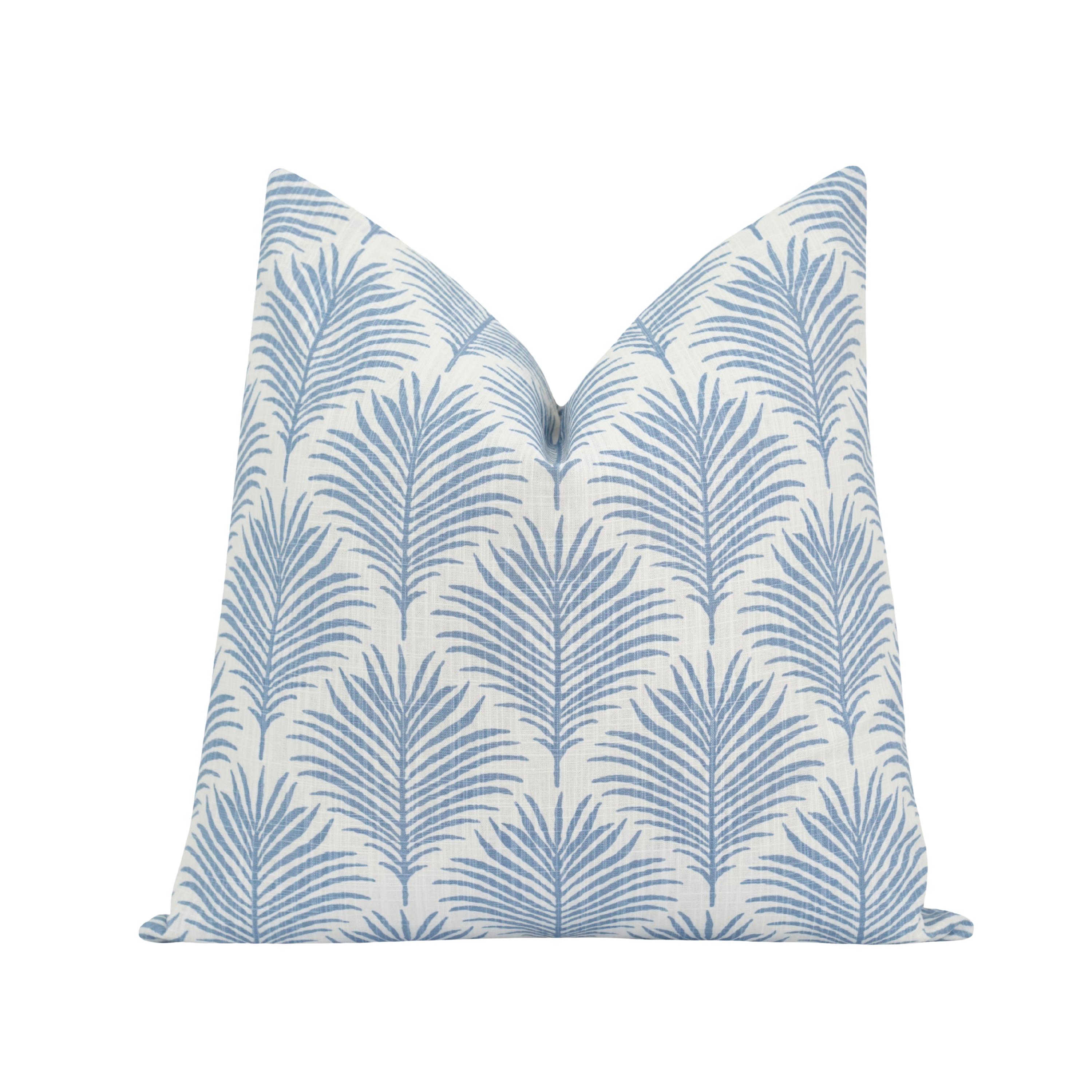 Blue Palm Leaf Pillow Cover • Decorative Throw Pillow for Sofa or Bedroom • Tropical Coastal Accent • Blue & White Euro Sham • Summer Decor